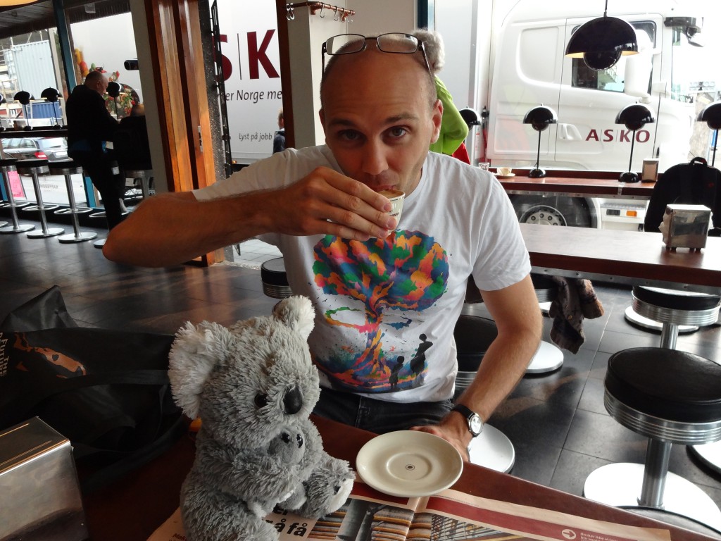 Coffee with our team mascot, Sheila the koala